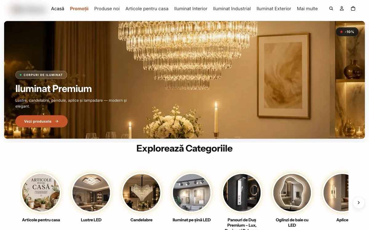 Magazin online de corpuri de iluminat, pagina principală pe desktop, cu numele brandului ascuns