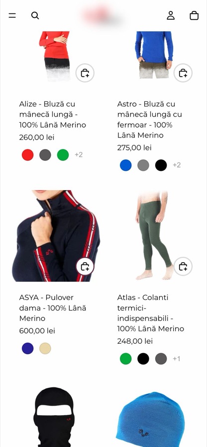 Același magazin pe telefon: catalogul de produse din lână merino, cu variante de culoare
